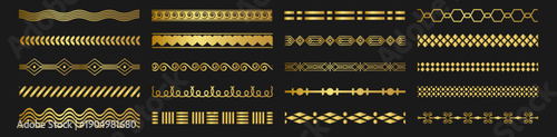 Gold decorative ornamental borders and dividers vector set, geometric and classic design elements on transparent background