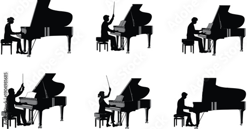 Sequential silhouettes of a pianist playing different styles at a grand piano isolated on white background, Vector, illustration