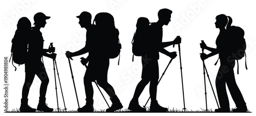 Group of hikers using trekking poles on a mountain trail together isolated on white background, Vector, illustration