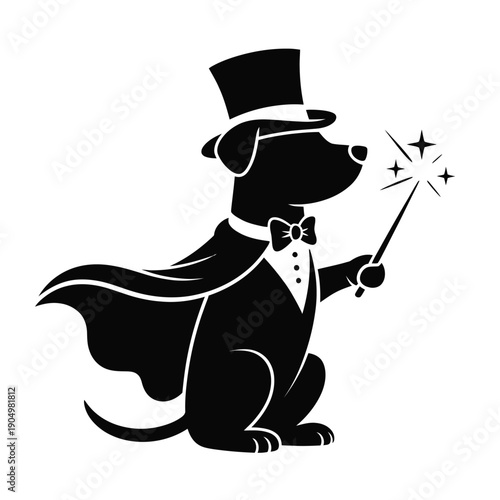 A whimsical dog magician performing a trick with a sparkling wand isolated on white background, Vector, illustration