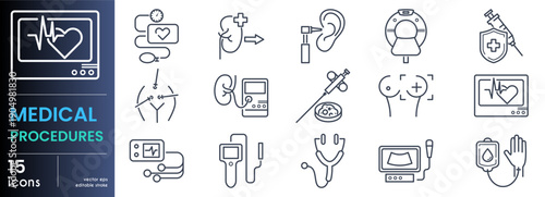 Medical Procedures line icon set. Cardiac monitor, tonometer, ear examination, kidney transplant, MRI scanner, laparoscopy minimal vector illustration. Outline signs for hospital. Editable Stroke.