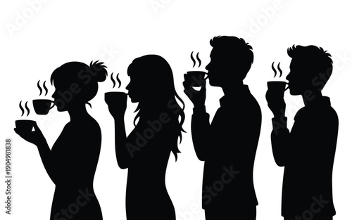 Group of four people enjoying cups of steaming beverages together in unity isolated on white background, Vector, illustration