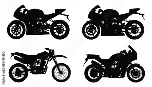 Four distinct motorcycle silhouettes showcasing various riding styles and designs. isolated on white background, Vector, illustration