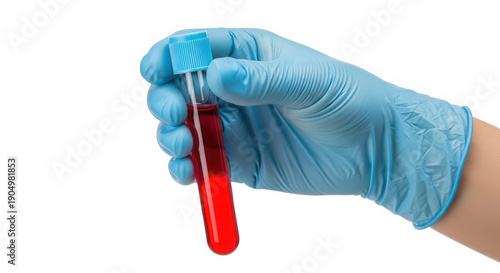 Medical professional holding a test tube with blood sample isolated on transparent background