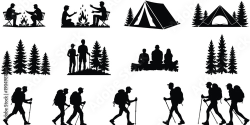 Adventurous group enjoying various outdoor camping and hiking activities in nature. isolated on white background, Vector, illustration