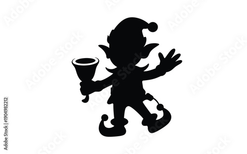 Cheerful elf character holding a party cup in a festive pose isolated on white background, Vector, illustration