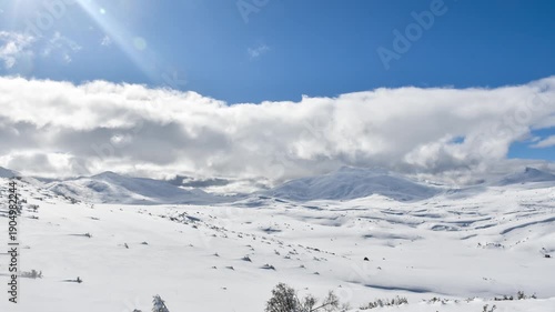 Time lapse video of moving clouds over winter mountain landscape, covered with snow and ice. National Park Mavrovo, Macedonia