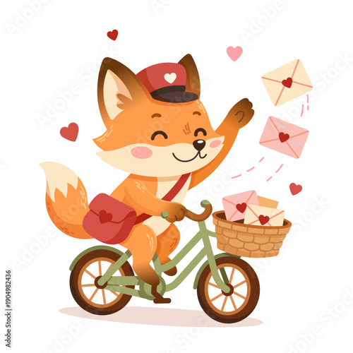 Illustration of a cute fox postman riding a bicycle and delivering love letters on Valentine's Day 
