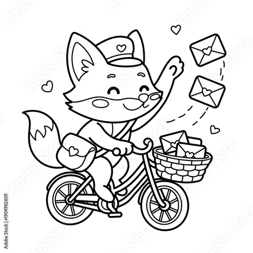 Line drawing illustration of a happy fox mail carrier delivers love letters from bicycle