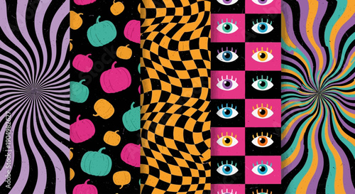 A surreal illustration featuring eyes, fruit, and optical illusions in a kaleidoscope of colors and patterns from a frontal viewpoint
