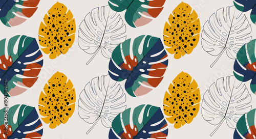 Vibrant tropical leaves pattern in a repeating arrangement, viewed from directly above, showcasing diverse foliage