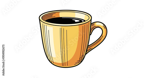 A yellow coffee mug filled with black coffee, viewed from the side on a plain background.