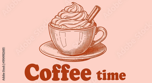 A cup of coffee with whipped cream on a saucer, a moment of relaxation and indulgence from a top-down viewpoint