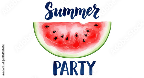 A vibrant summer party scene featuring a fresh watermelon slice illustration