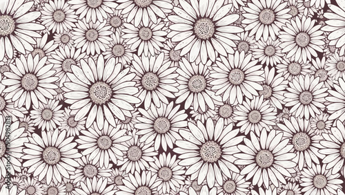 A seamless pattern of stylized flowers in various sizes and shades, viewed from directly above, creating a visually appealing floral arrangement.