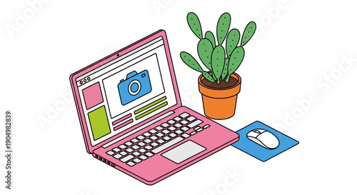 Laptop and cactus on desk with mouse, illustrating workspace setup and office environment from a side view.