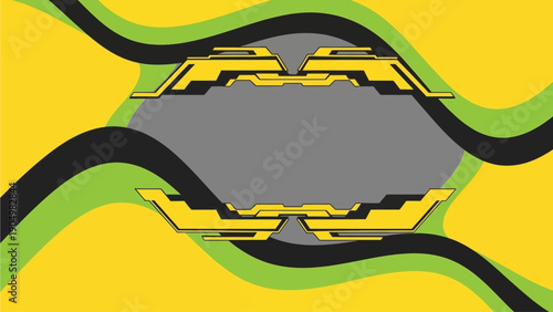 Abstract geometric pattern with wavy lines and shapes in yellow and green hues on a grey background from a top-down viewpoint