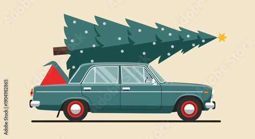 Vintage car transporting Christmas tree on roof, festive scene, holiday season, cartoon style, side view