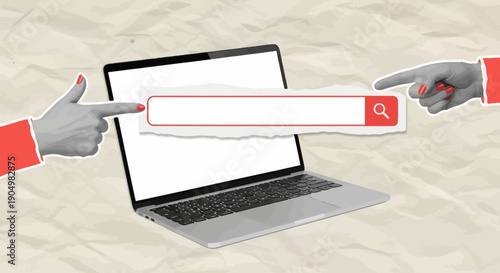 Hands interacting with a laptop screen displaying a search bar