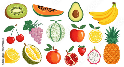 Assorted fruits including kiwi, papaya, avocado, banana, and pineapple are arranged together on a white background from a direct overhead viewpoint