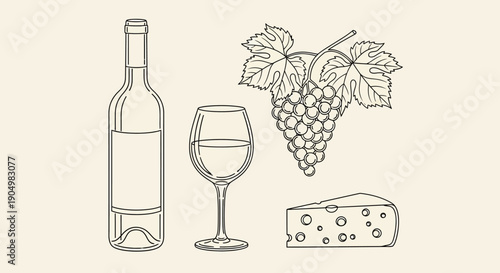 A wine bottle, glass, grapes, and cheese on a table, illustrated from a front view.