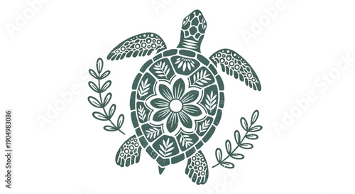 Decorative sea turtle illustration with floral patterns and leaves from a top view perspective