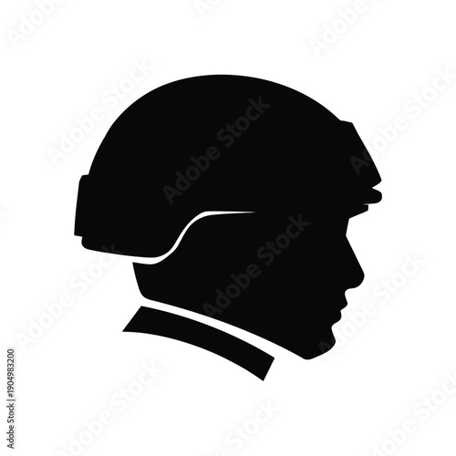 Silhouette of a soldier wearing a modern combat helmet and tactical gear isolated on white background, Vector, illustration