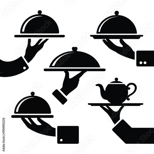 Elegant black and white illustrations of serving utensils and tableware isolated on white background, Vector, illustration