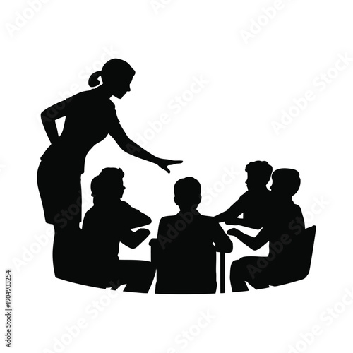 A presenter addressing a group of seated attendees during a meeting or workshop isolated on white background, Vector, illustration