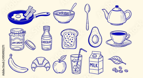 Assorted breakfast foods and beverages arranged in a simple illustration style