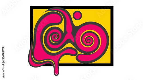 Abstract artistic representation of vibrant pink liquid swirling in a black-framed yellow rectangle, viewed directly from the front