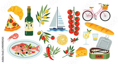 Assorted food items and leisure objects arranged together, featuring fish, wine, and bicycle in a collage style illustration