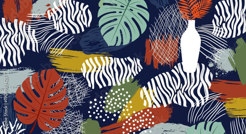 Vibrant tropical leaves and zebra patterns illustration in a lively botanical garden scene from a top viewpoint