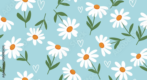 A serene floral pattern featuring daisies and hearts on a soft background viewed from directly above