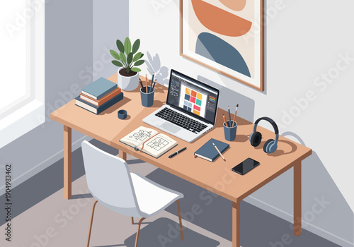 Modern Office Desk with Laptop and Accessories.