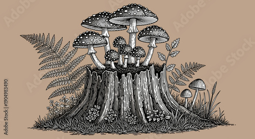 A detailed illustration of mushrooms growing around a tree stump surrounded by ferns and foliage from a close-up viewpoint