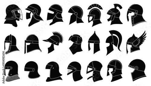 Historical depictions of ancient warrior helmets from various cultures isolated on white background, Vector, illustration
