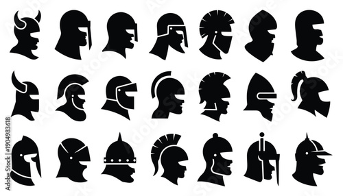 Historical depictions of ancient roman and greek warrior helmets in profile view isolated on white background, Vector, illustration