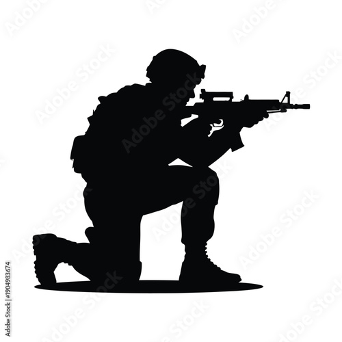 A silhouette of a soldier kneeling and aiming a rifle in tactical position. isolated on white background, Vector, illustration