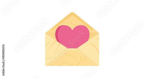 An open envelope with a heart inside on a white background from a top view