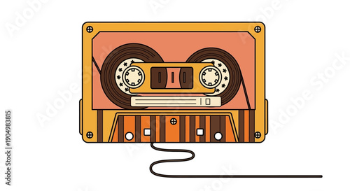 Vintage cassette tape with cord on transparent background, viewed from the front, showcasing retro technology and simple design.