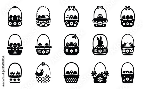 Creative illustrations of various easter baskets filled with whimsical items and characters isolated on white background, Vector, illustration