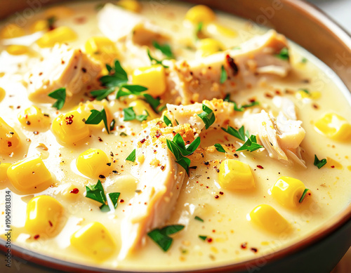 Plakat w ramie Chicken corn chowder, macro shot. AI