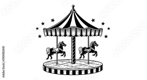 A vintage carousel with horses rotating on a platform surrounded by stars, viewed from the front in a classic illustration style.