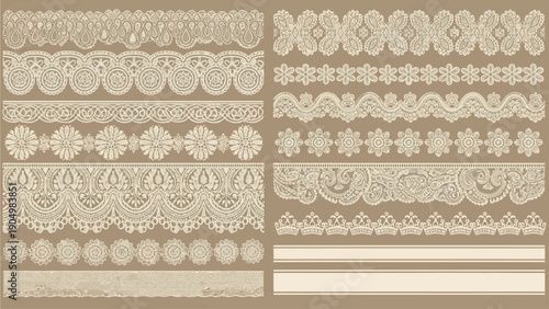 Collection of ornate border designs and patterns showcasing intricate details from various cultural influences in a neutral color scheme