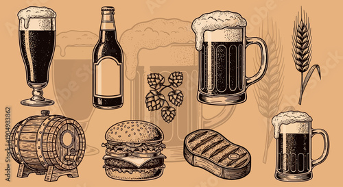 Assorted beer glasses and bottles with food items on a table top view