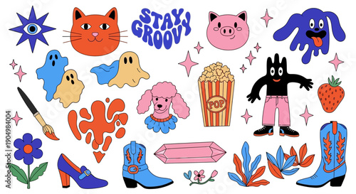 Vibrant Illustrations of Cartoon Characters and Objects in a Playful Scene