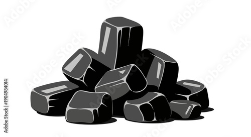 A pile of black coal rocks on a white background viewed from a slightly elevated angle