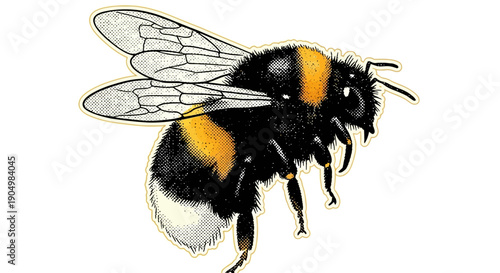 Detailed digital illustration of a bumblebee in flight, showcasing its black, orange, and white colors from a side view