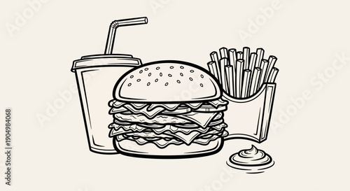 A fast food meal consisting of a burger, fries, and a drink, illustrated in a simple line art style